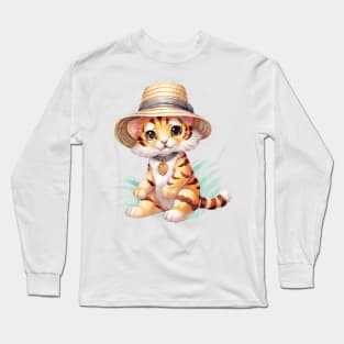 Bengal Tiger in Straw Hat Long Sleeve T-Shirt